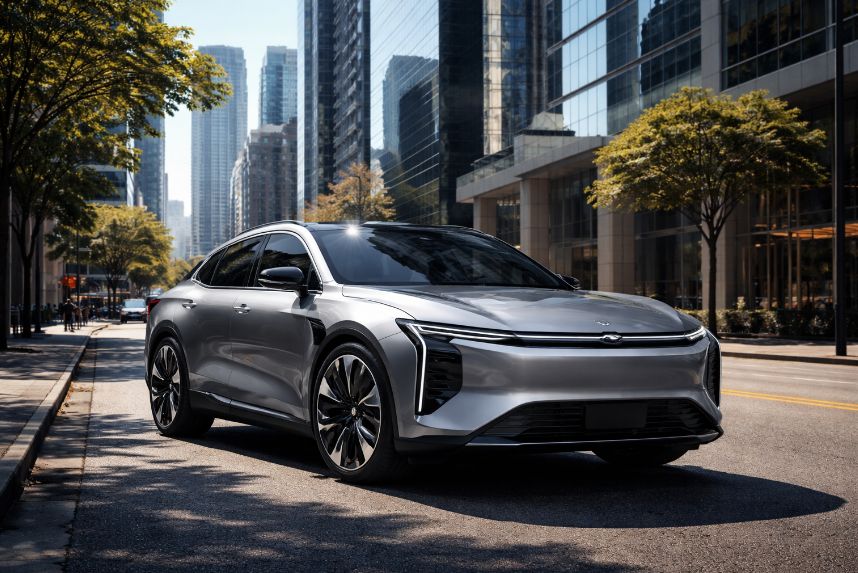 Luxus elektromos SUV modern városi környezetben nappali fényben, üvegfelhőkarcolók között, prémium dizájnnal és futurisztikus LED fényszórókkal.