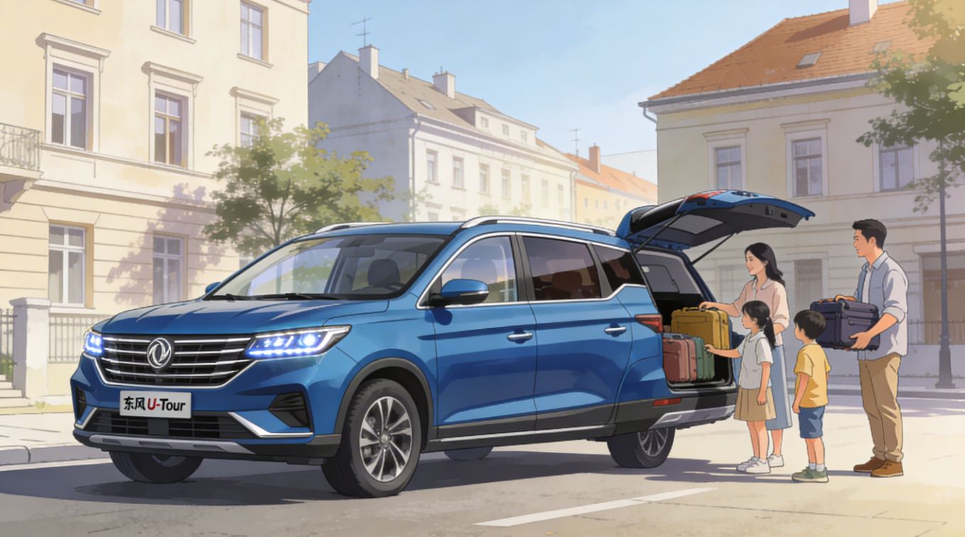 Világoskék Dongfeng U‑Tour jellegű kínai egyterű egy magyar városi utcán, csomagtartónál pakoló négytagú családdal.