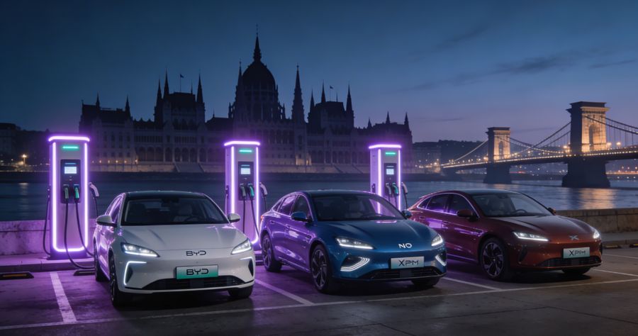 Kínai elektromos autók töltőállomáson Budapest városi háttérrel, esti megvilágításban, modern autós blog illusztráció