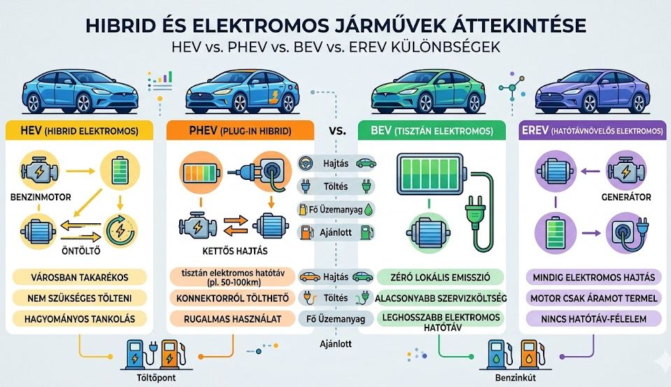 Hibrid és elektromos autók összehasonlítása: HEV, PHEV, BEV és EREV modellek műszaki felépítése, működési elvei, valamint előnyei és hátrányai a különböző felhasználói igények szerint.