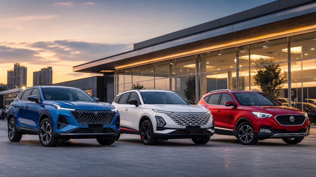 Olcsó kínai SUV modellek 10 millió forint alatt, modern LED lámpákkal és látványos dizájnnal autószalon előtt