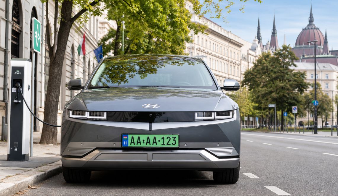 Elektromos autó magyar zöld rendszámmal és utcai töltőoszloppal a háttérben