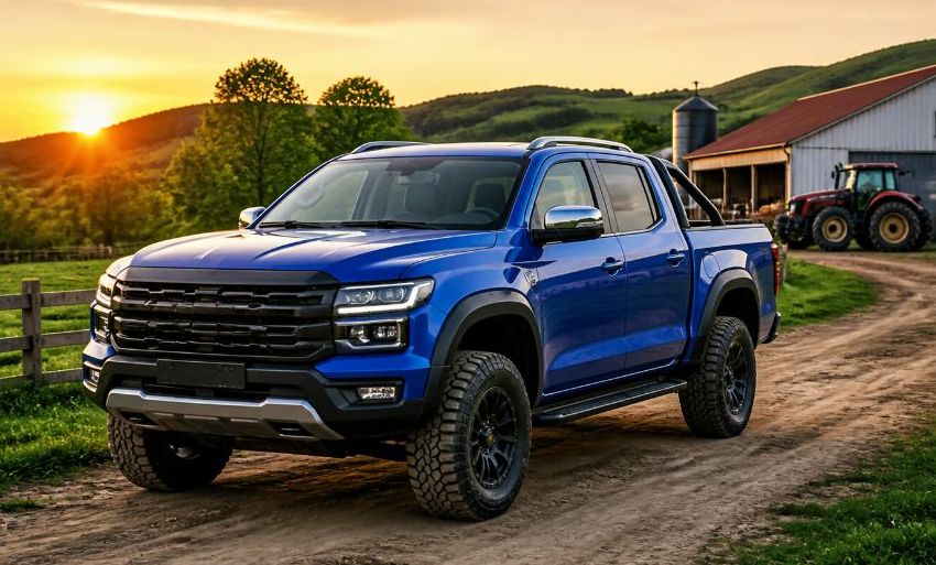 Dongfeng Z9 jellegű modern dupla kabinos pickup magyar vidéki gazdasági környezetben földúton