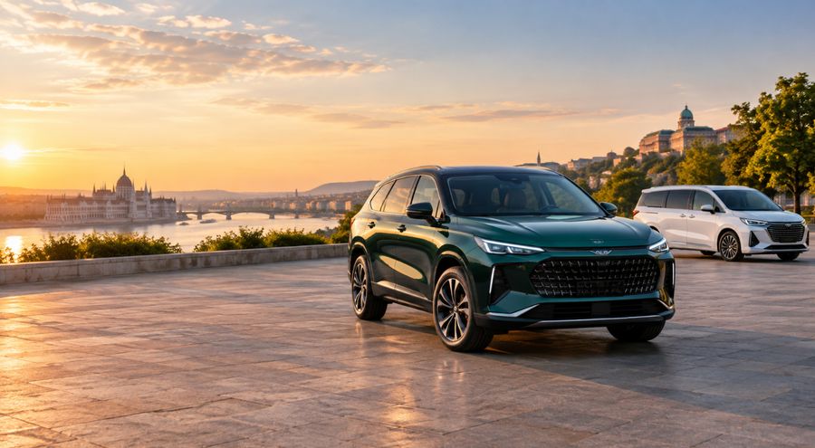 Forthing SUV és 7 üléses családi egyterű Budapest háttérrel, a Dongfeng kínai autómárka magyarországi modelljeinek illusztrációja